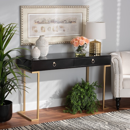 Baxton Studio Beagan Modern and Contemporary Black Finished Wood and Gold Metal 2Drawer Console Table 213-12161-ZORO
